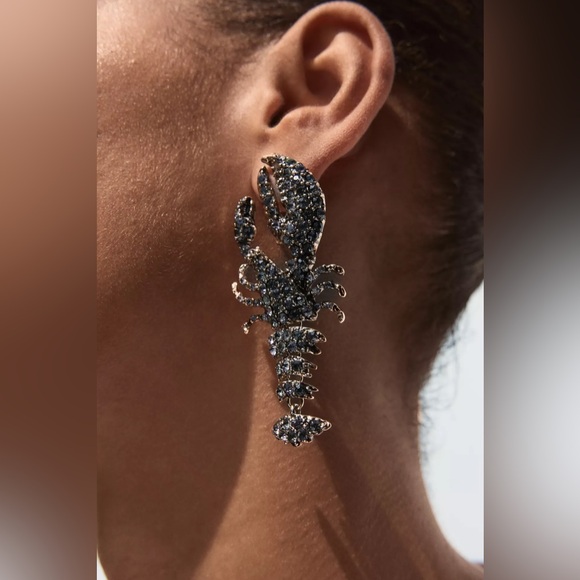 NWT Zara Rhinestone Lobster Earrings in Anthracite Gray / Black & Gold STUNNING - Picture 2 of 9